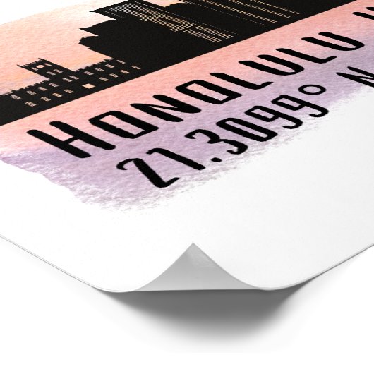 Honolulu Skyline Latitude und Längengrad Print Poster (Ecke)