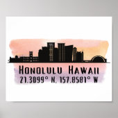 Honolulu Skyline Latitude und Längengrad Print Poster (Vorne)