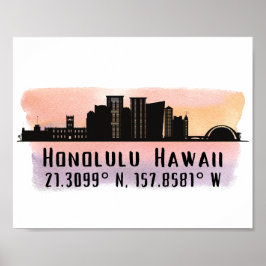 Honolulu Skyline Latitude und Längengrad Print Poster