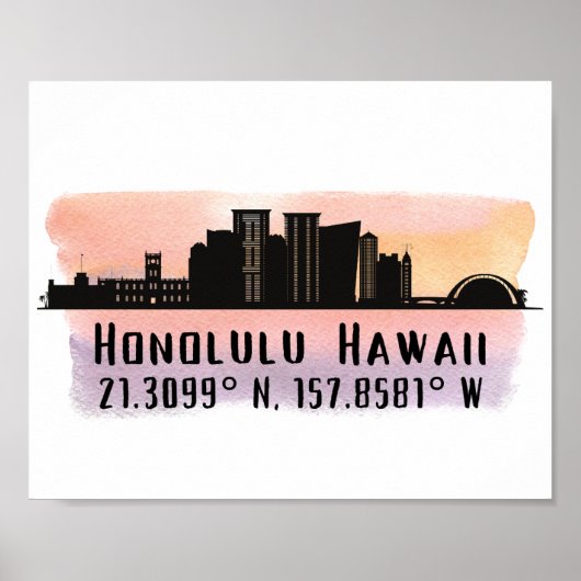 Honolulu Skyline Latitude und Längengrad Print Poster (Vorne)