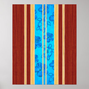 Honu Hawiian Imitats Wood Surfboard Poster