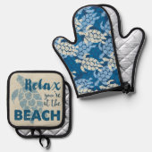 Honu Sea Turtle Hawaiian Tapa in Blues Ofenhandschuh & Topflappen-Set (Vorderseite/Rückseite)