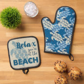 Honu Sea Turtle Hawaiian Tapa in Blues Ofenhandschuh & Topflappen-Set (Oben Unten)