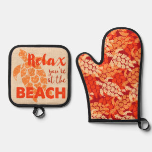 Honu Sea Turtle Hawaiian Tapa in Orange Ofenhandschuh & Topflappen-Set