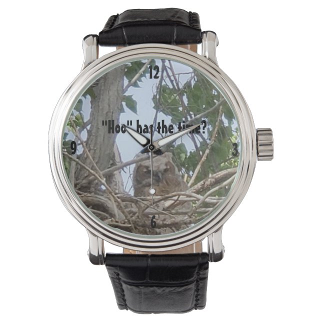 "Hoo" hat die Zeit | Owlet im Foto Baum Armbanduhr (Vorderseite)