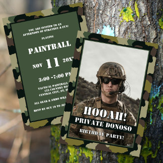 Hooah! Green Brown Camouflage Foto Geburtstagspart Einladung