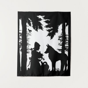 Hood Wolf in Schwarz-Weiß im Wald Wandteppich
