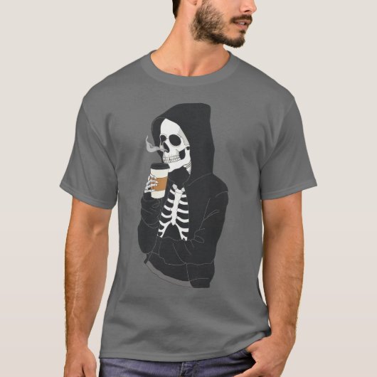 Hoodie Skeleton Drink Kaffee Graues Halloween T-Shirt (Vorderseite)