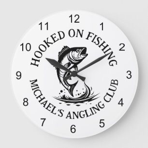 Hooked On Fishing Logo, Personalisierter Anglerclu Große Wanduhr
