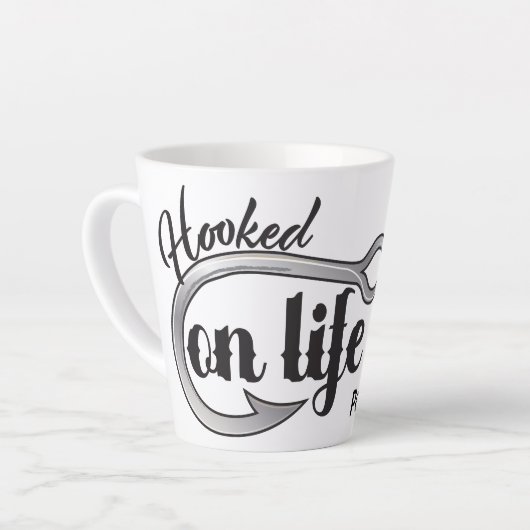 "Hooked On Life" hook illustration, personalize Milchtasse (Linke Ecke)