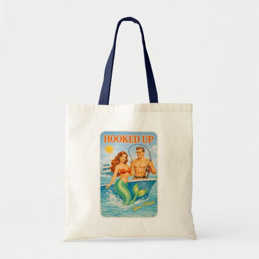 Hooked Up Fishing Pin-Up Mermaid Funny Retro Beach Tragetasche (Vorne)