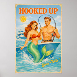Hooked Up Retro Pin-Up Mermaid | Fishing Boat Art Poster