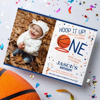 Hoop It Up Blue Foto Basketball 1. Geburtstag Einladung