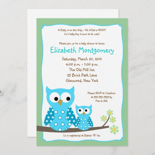 HOOT OWLS BLUE Junge Dusche 12x18 Einladung (Vorne/Hinten)