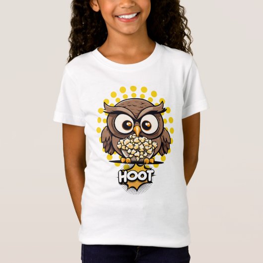 Hoot! Reizbare Eule isst Popcorn T-Shirt (Vorderseite)