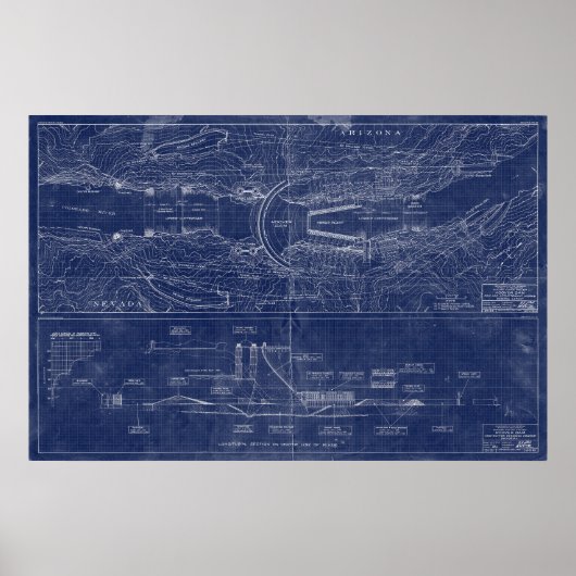 Hoover Dam Blueprint Style Schematic Poster (Vorne)