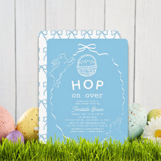 Hop on Over Blue Bow Bunny Boy Baby Shower Einladung