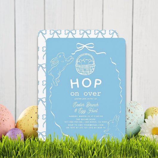 Hop on Over Blue Bow Bunny Easter Brunch Einladung