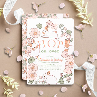 Hop on Over Bunny Boho Floral 1. Geburtstag Einladung