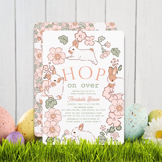 Hop on Over Bunny Boho Floral Girl Baby Shower Einladung