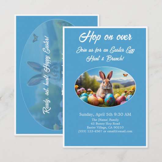 Hop on Over Egg Hunt Brunch Easter Rabbit blue -  Einladung (Vorne/Hinten)