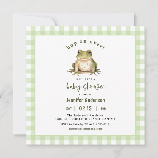 Hop On Over Frog Baby Shower Square Einladung (Vorderseite)