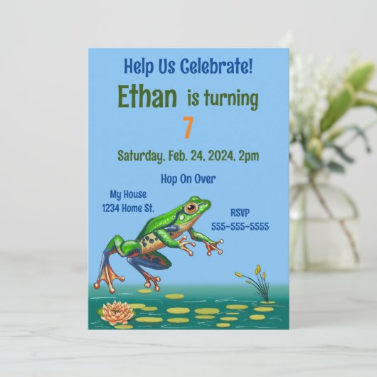Hop On Over Frog Birthday Einladung (Stehend Vorderseite)