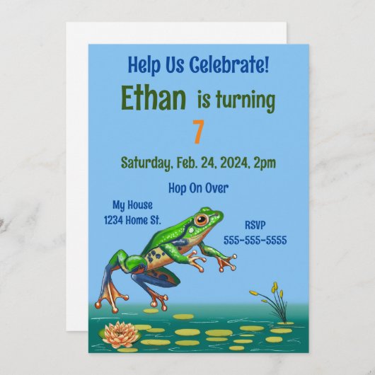 Hop On Over Frog Birthday Einladung (Vorne/Hinten)