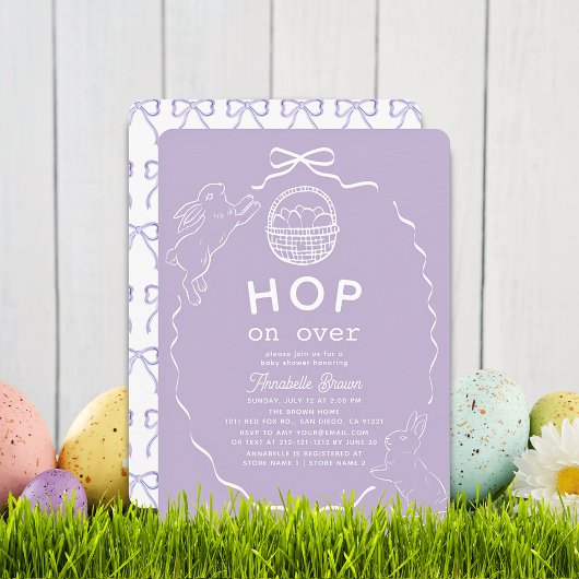 Hop on Over Lavender Bow Bunny Baby Shower Einladung