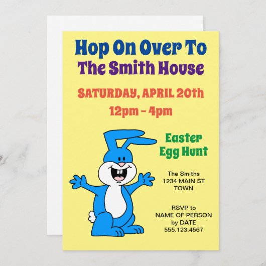 Hop On Over Oaster Egg Hunt Bunny Cartoon Einladung (Vorne/Hinten)