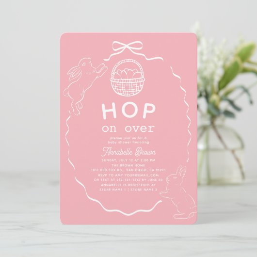 Hop on Over Pink Bow Girl Bunny Baby Shower Einladung (Stehend Vorderseite)