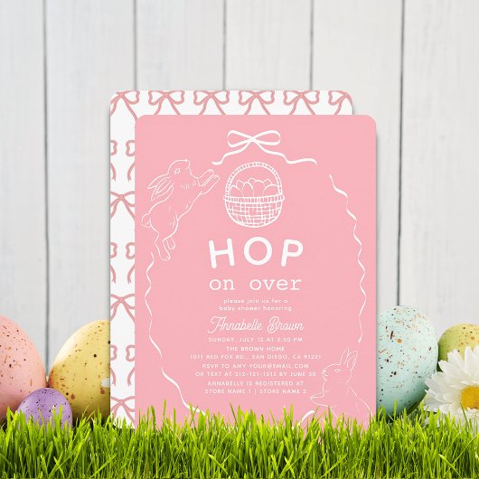 Hop on Over Pink Bow Girl Bunny Baby Shower Einladung