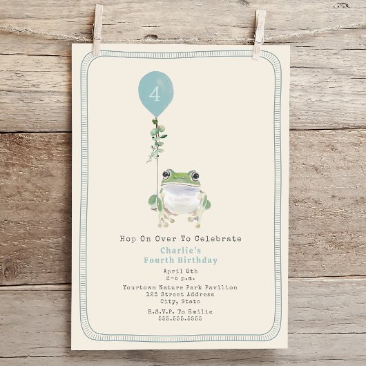 Hop On Over Woodland Frog Blue Boy Birthday Party Einladung