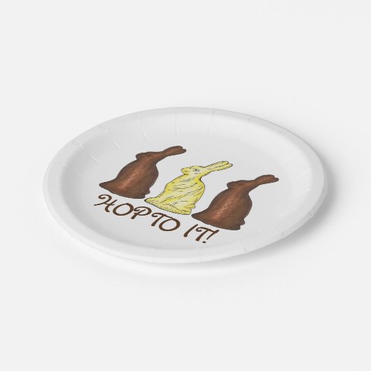 Hop to it Chocolate Ostersonnige Kaninchenbonbons Pappteller (Schrägansicht)