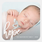 Hope Brush Script mit Foto, Name und Jahr Quadratischer Aufkleber (Vorderseite)