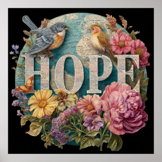 Hope Floral Typografie mit Vögeln und botanisch Poster (Vorne)