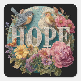 Hope Floral Typografie mit Vögeln und botanisch Quadratischer Aufkleber