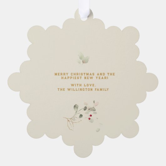 Hope, Peace, Joy Gold Red Holly Photo Keepsake Ornament Karte (Rückseite)