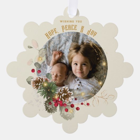 Hope, Peace, Joy Gold Red Holly Photo Keepsake Ornament Karte (Vorderseite)