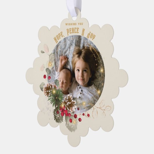 Hope, Peace, Joy Gold Red Holly Photo Keepsake Ornament Karte (Linke Ecke)