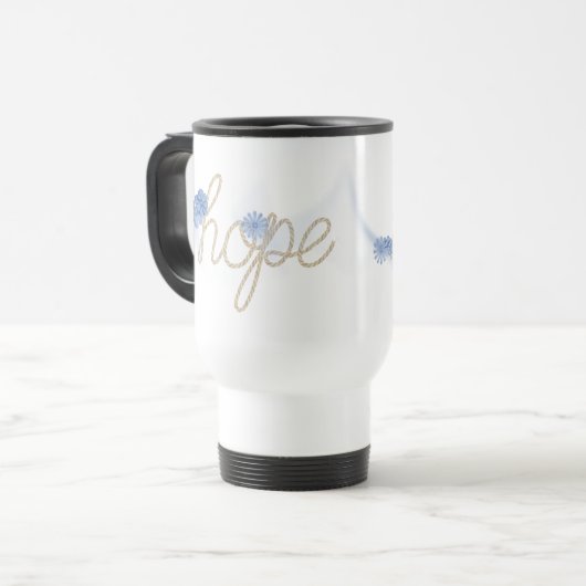 HOPE Seiltext mit blauen Gänseblümchen Reisebecher (Vorderseite Links)