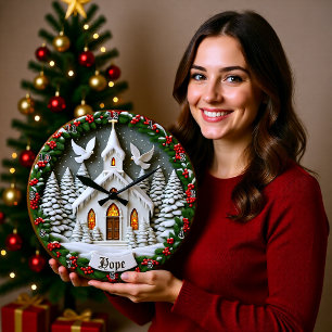 Hope White Church Schneetauben Große Wanduhr