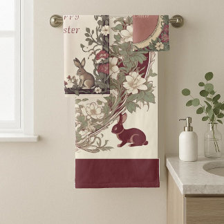 Hoppiger Osterhase Art Nouveau Burgund Bauernhaus Badhandtuch Set