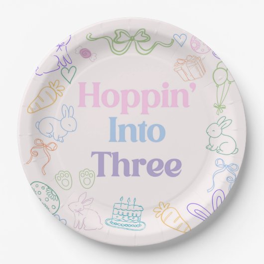 Hoppin’ Into Three Birthday plates– Bunny 3rd  Pappteller (Vorderseite)