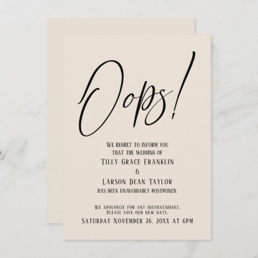 Hoppla! Funny Delayed Wedding Simple Cream Card Einladung (Vorne/Hinten)