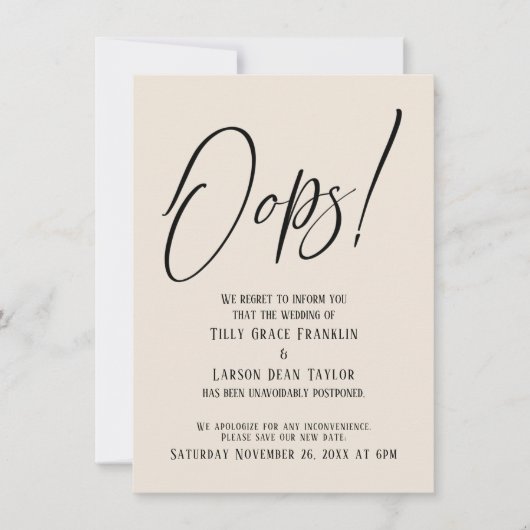 Hoppla! Funny Delayed Wedding Simple Cream Card Einladung (Vorderseite)
