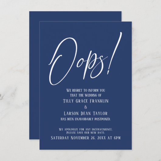 Hoppla! Funny Delayed Wedding Simple Navy Card Einladung (Vorne/Hinten)