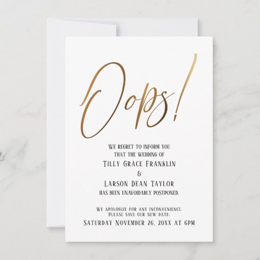 Hoppla! Funny Gold Delayed Wedding Ankündigung (Vorderseite)