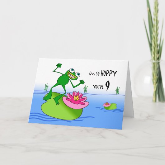 Hoppy 9. Geburtstag, Funny Frog am Teich Karte (Vorderseite)