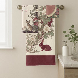 Hoppy Easter Bunny Art Nouveau Burgundy Farmhouse Badhandtuch Set